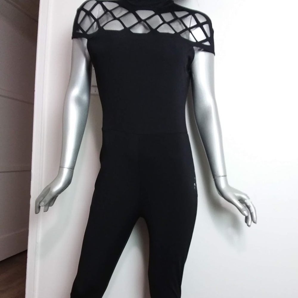 Women's Medium Black Jump Suit Cage High Neck Diamond Cut Out Fitted Back Zipper